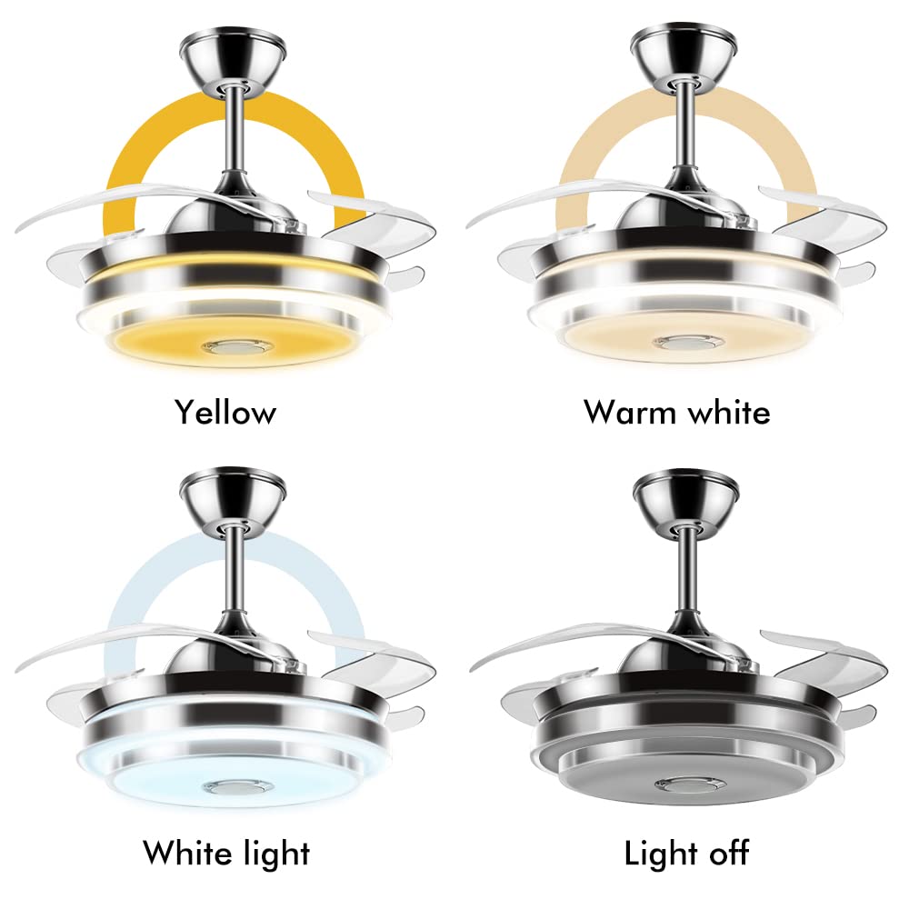 FINE MAKER 42 Inch Retractable Ceiling Fan Light, 3 Color Changeable LED Bluetooth Music Player 3-Speed Silent Motor Chandelier Ceiling Fan for Living/Dinning Room