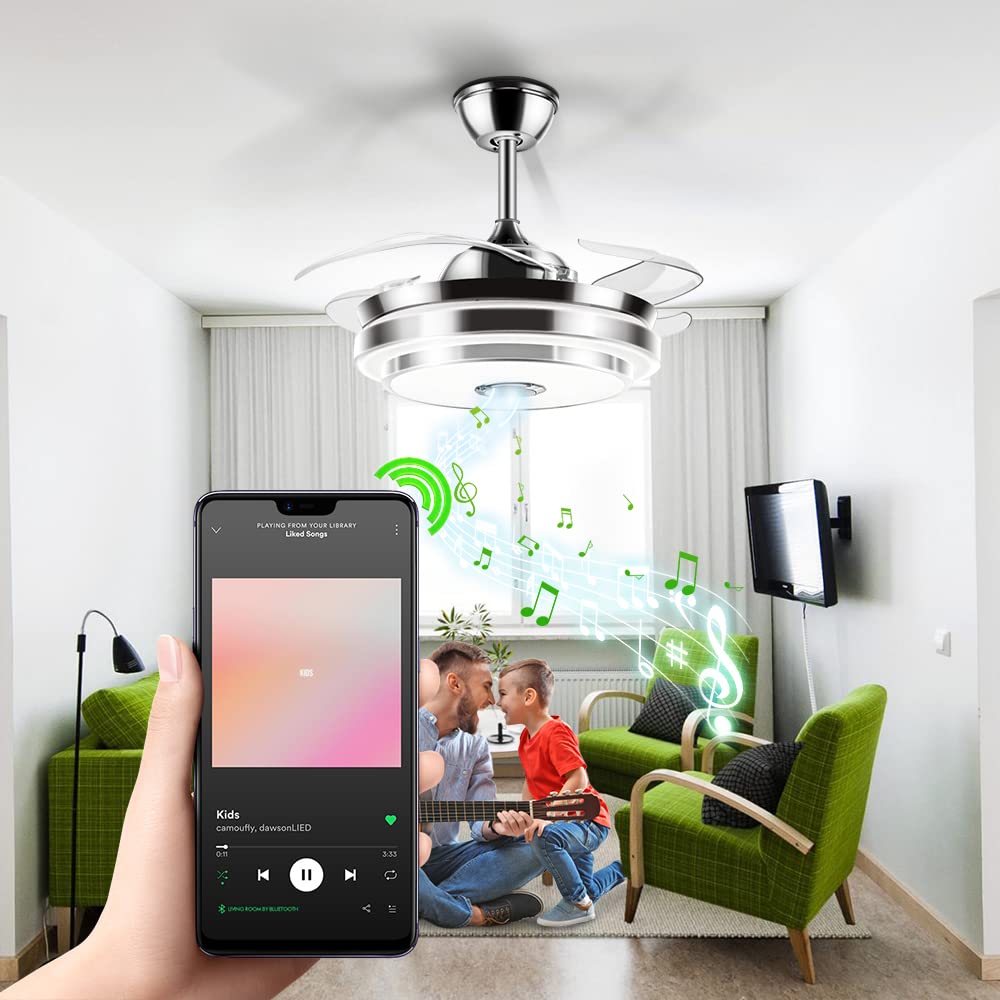 FINE MAKER 42 Inch Retractable Ceiling Fan Light, 3 Color Changeable LED Bluetooth Music Player 3-Speed Silent Motor Chandelier Ceiling Fan for Living/Dinning Room