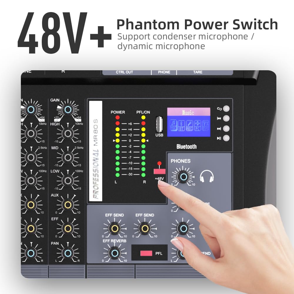 Audio Interface Mixer G-MARK MR80S USB Bluetooth Mixing Console 8 Channel 48V Phantom Power Sound Board Music Reverb For PC Stage Studio DJ Sound Controller Analog Mixer