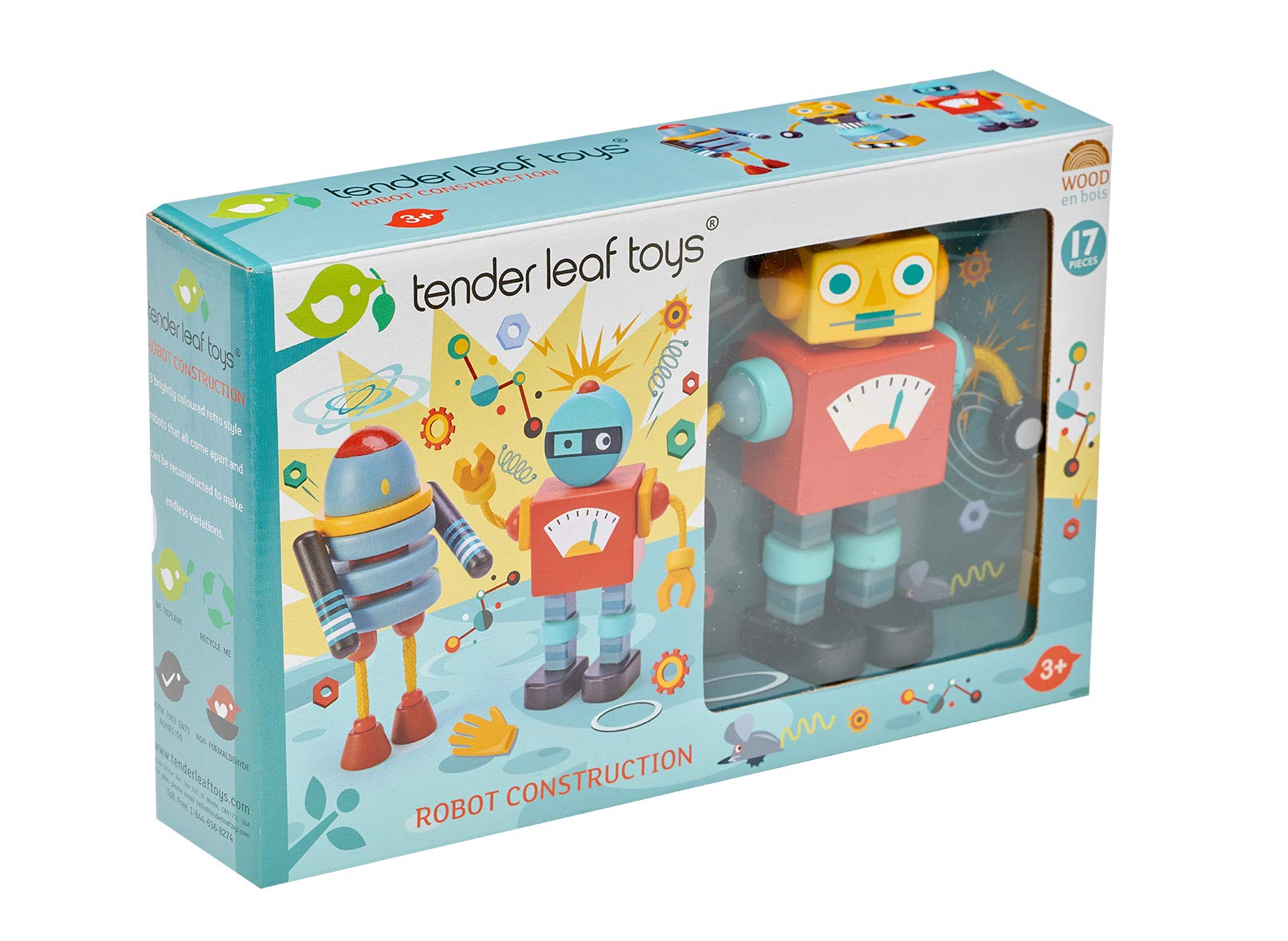 Tender Leaf Toys - Robot Construction - 17 Pieces Wooden Construction Set to Build and Stack 3 Robot in Endless Variations - Develops Problem Solving Skills and Imaginative Play for Children 3+