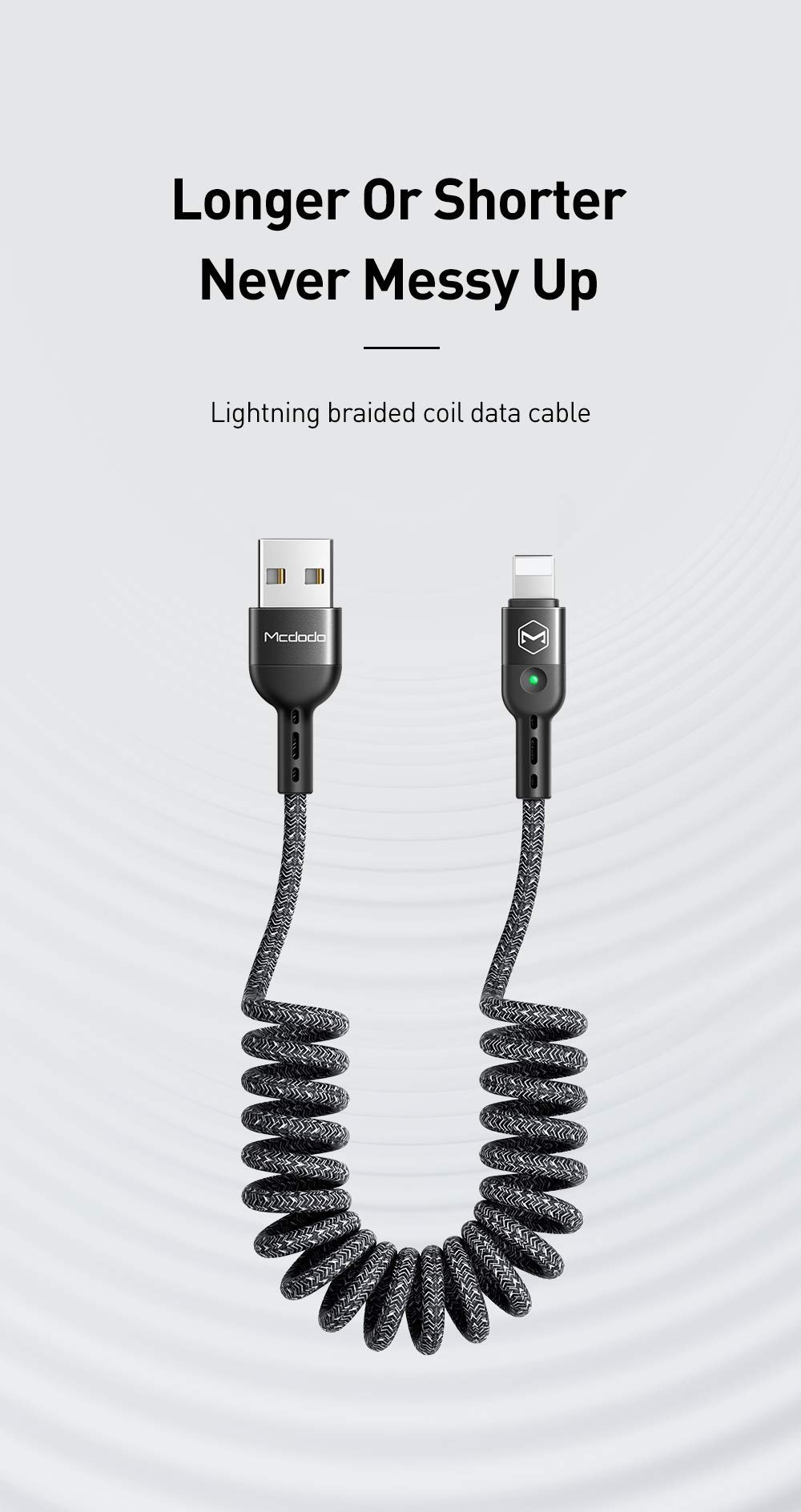 mcdodo [2 Pack] Anti Winding Cable, LED Coiled Cord Nylon Braided Sync Charge USB Data 6FT/1.8M Cable Compatible 14/13/12/11 Pro Max