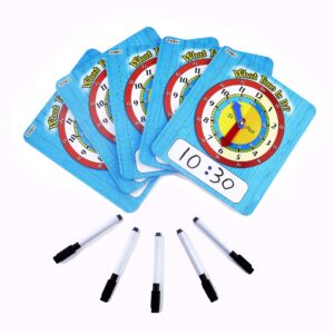 zazzykid time learning analog clock for kids - pack of 5 (7 x 8 inches) with 5 erasable markers: teach children to tell the time