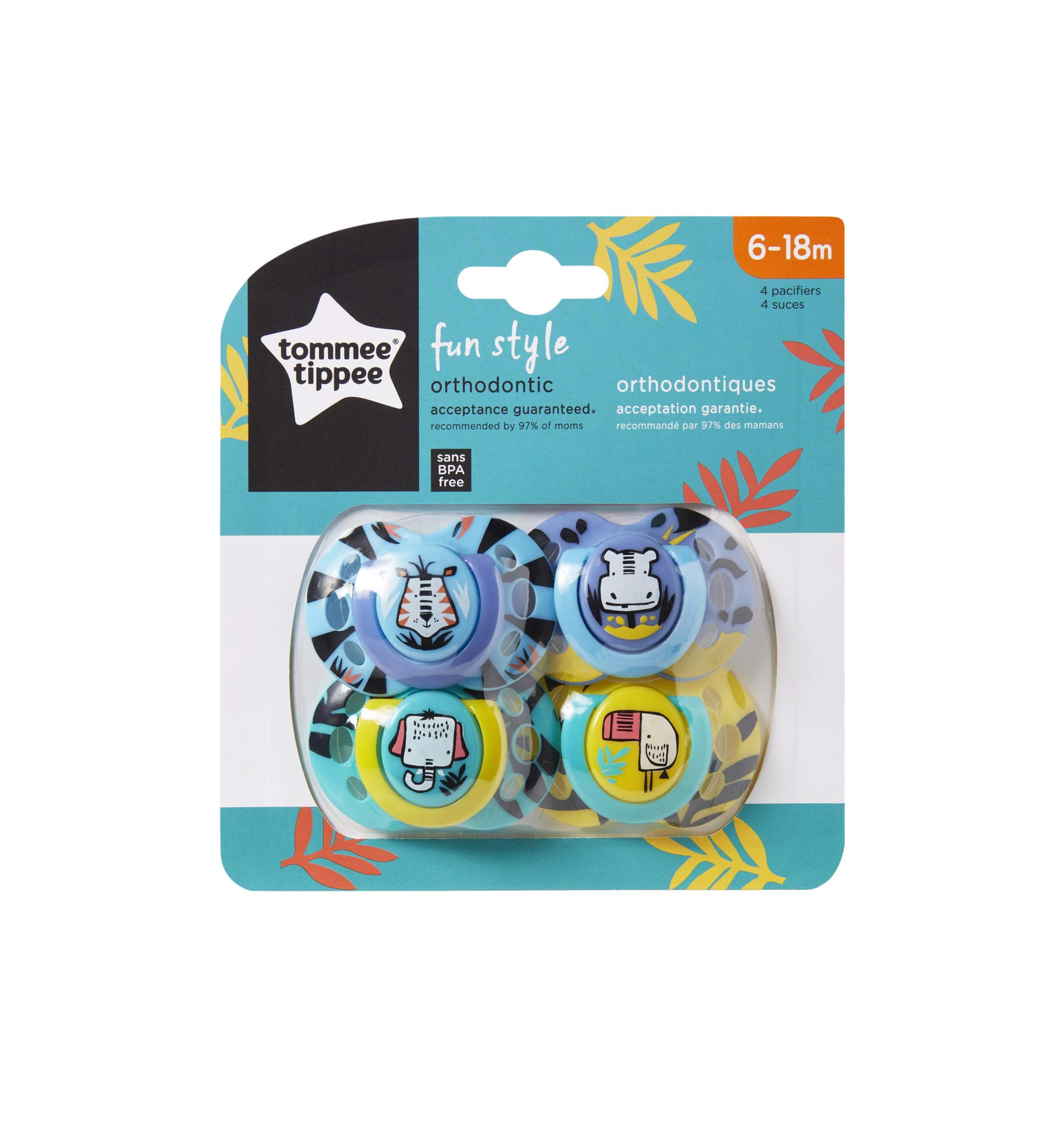 Tommee Tippee Fun Style Pacifiers, Symmetrical Design, BPA-Free Silicone Binkies, 6-18m, 4-Count