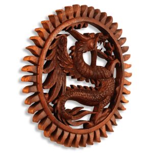 G6 Collection 11” Wooden Hand Carved Wall Hanging Dragon Panel Relief Plaque Statue Sculpture Handcrafted Gift Art Home Decor Figurine Accent Decoration Handmade Wall Dragon