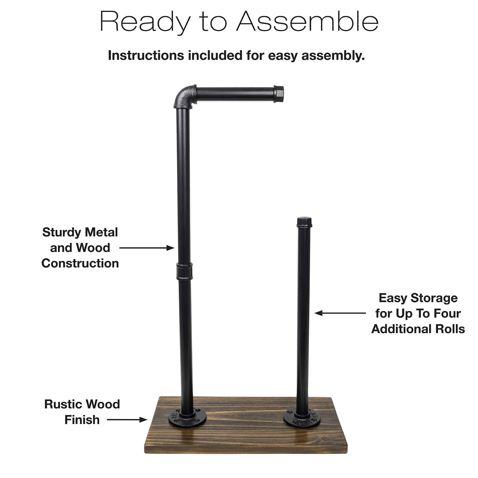 Excello Global Products Toilet Paper Holder Stand: Free Standing Toiler Paper Dispenser Bathroom Organizer with Reserve Storage. Industrial Cast Iron Pipe with Stained Woodnen Base. Size: 28" x 15.75"