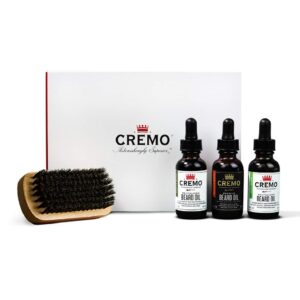 cremo beard oil kit for restoring and revitalizing beards – includes reserve blend beard oil, mint blend beard oil, forest blend beard oil, and 100% boar bristle brush