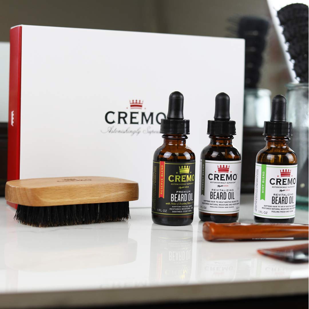 Cremo Beard Oil Kit for Restoring and Revitalizing Beards – Includes Reserve Blend Beard Oil, Mint Blend Beard Oil, Forest Blend Beard Oil, and 100% Boar Bristle Brush