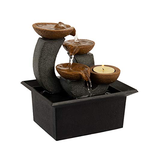 Tabletop Water Fountain - 3-Tier 7-Inch Indoor Waterfall with Candle Holder, Electric Pump, and Soothing Sounds for Home Decor by Pure Garden (Black)