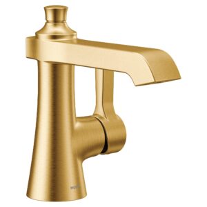 moen brushed gold flara one-handle single hole bathroom faucet with drain assembly, s6981bg