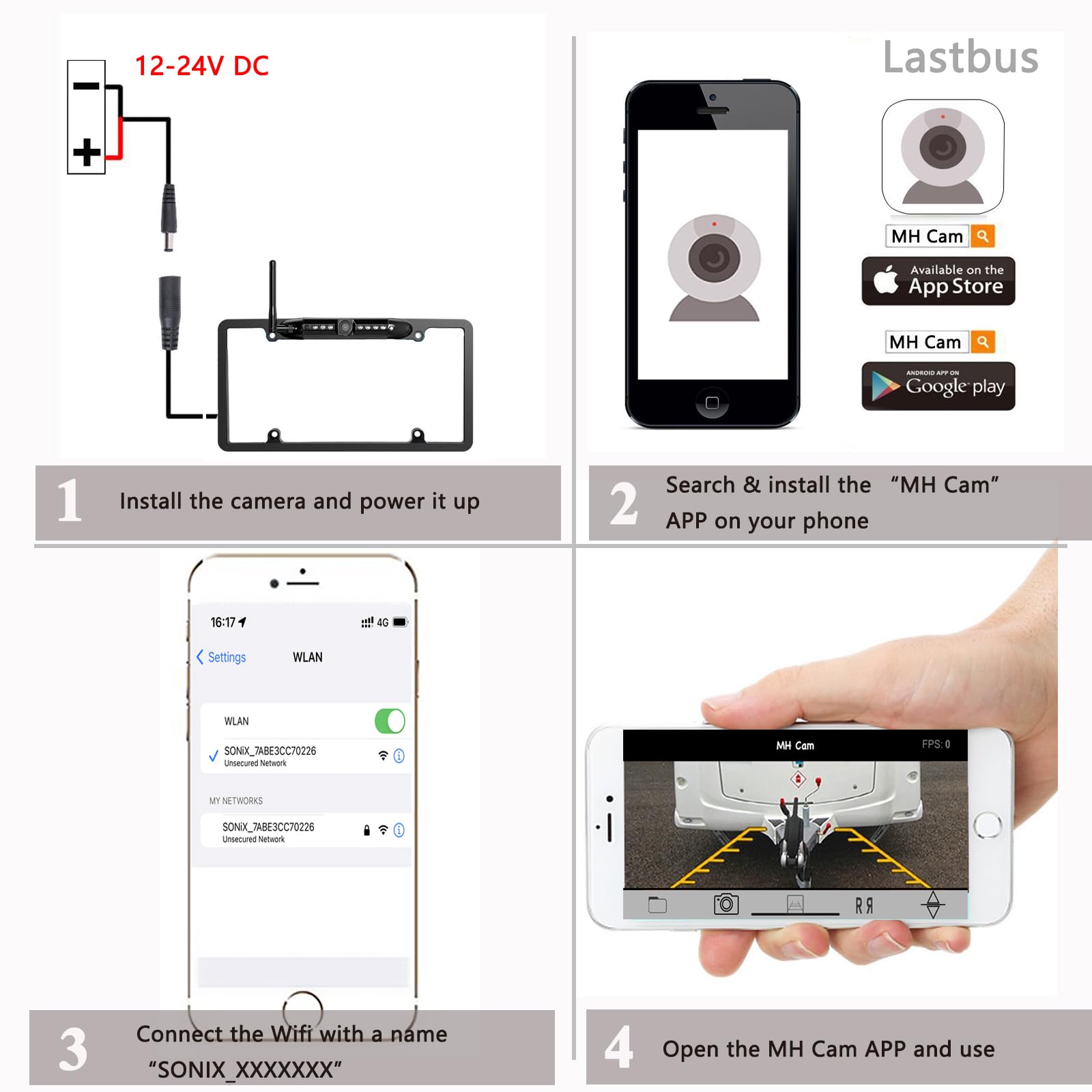 License Plate Wireless Backup Camera, 2.4Ghz WiFi Rear View Camera, LASTBUS 170° View Angle Universal IP69 Waterproof Car Camera for Car Truck SUV Pickup Trailer Van Camper