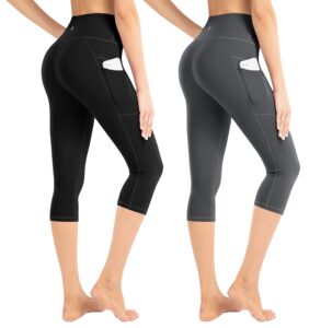 lifesky women leggings yoga pants: capri high waist tummy control stretch yoga leggings with pockets ladies - workout compression squat proof 2 packs for gym running athletic exercise fitness sport