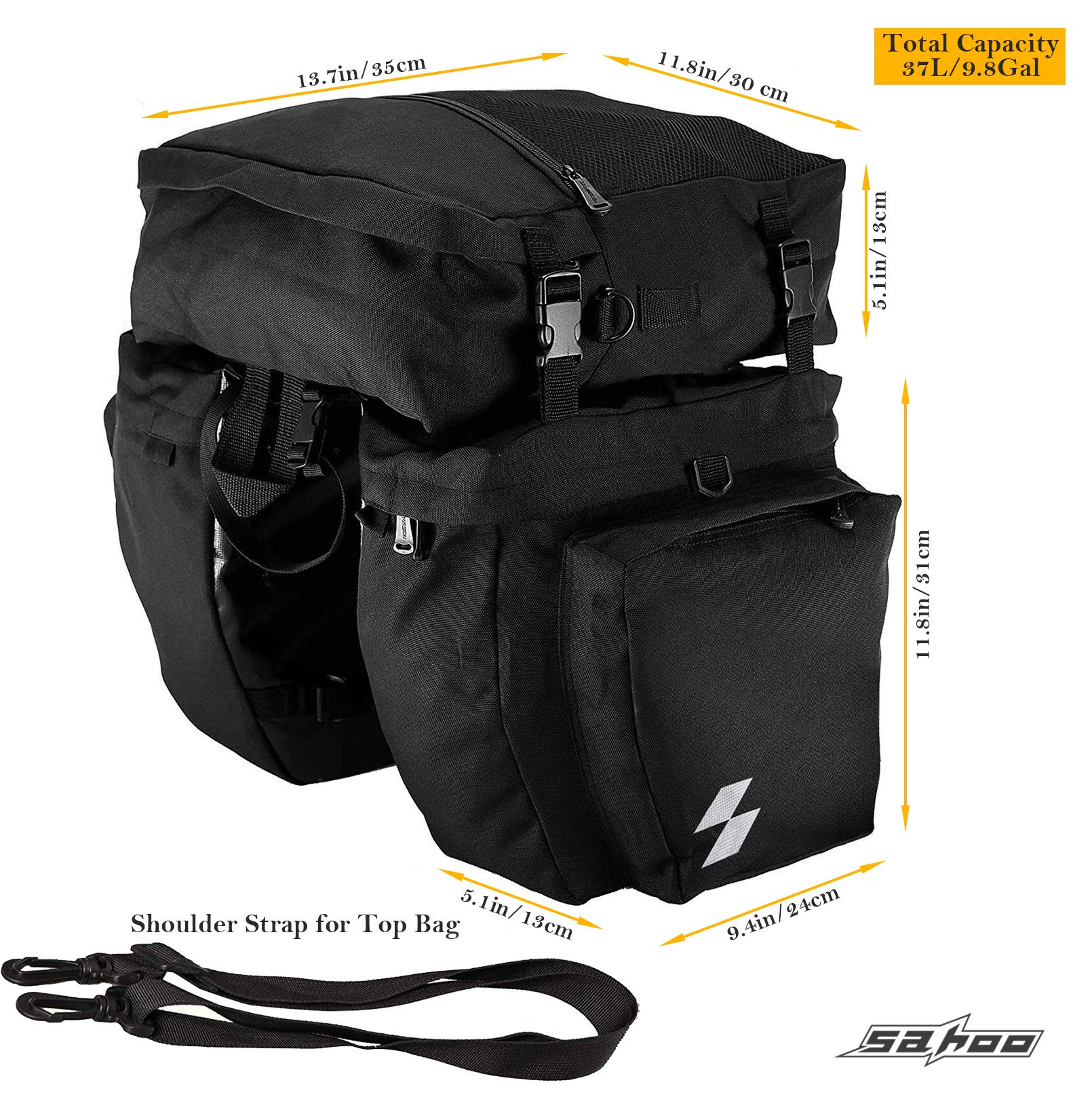 Sahoo Bike Rack Pannier Bag 3 in 1 Rear Rack Carrier Trunk Bag, Water Resistance 37L Large Capacity Bike Rear Panniers