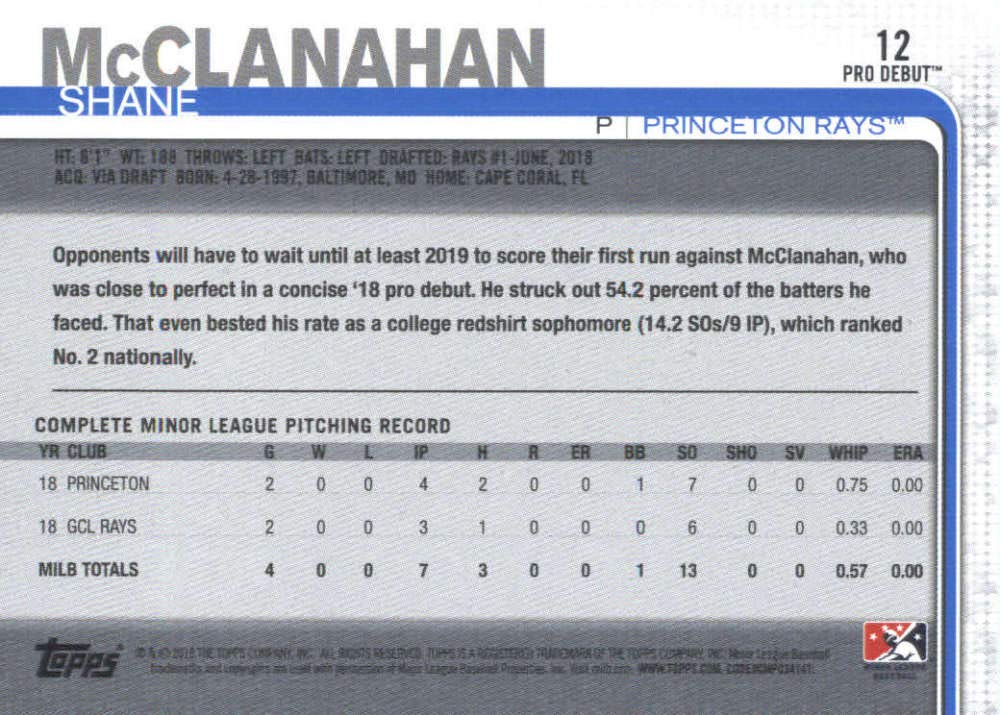 2019 Topps Pro Debut #12 Shane McClanahan Princeton Rays Baseball Card