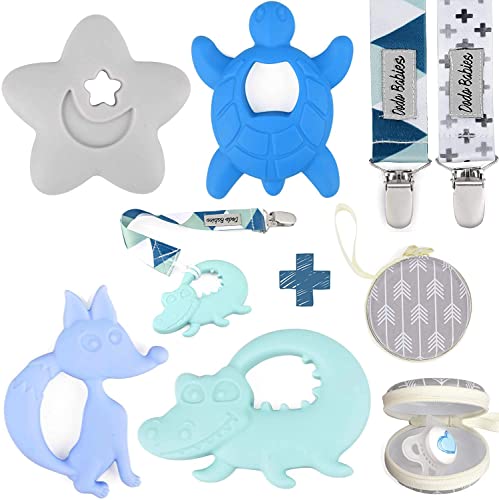 Dodo Babies Teething Toy & Pacifier Clip Set – Silicone Teether Four Pack Plus Two Universal Holder Paci Leashes and Binky Case – Blue Animal Shapes – Great Shower Gift for Baby Girl or Boy