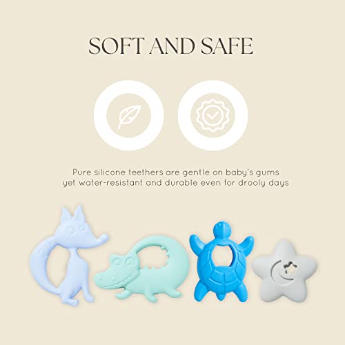 Dodo Babies Teething Toy & Pacifier Clip Set – Silicone Teether Four Pack Plus Two Universal Holder Paci Leashes and Binky Case – Blue Animal Shapes – Great Shower Gift for Baby Girl or Boy