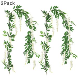 DearHouse 2Pcs 6Ft/Piece Artificial Flowers Wisteria Garland Artificial Wisteria Vine Hanging Flower Greenery Garland for Home Garden Outdoor Wedding Arch Floral Decor (White)