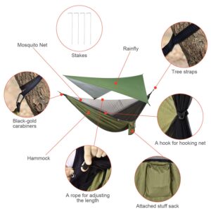 FIRINER Camping Hammock with Rain fly Tarp and Mosquito Net Portable Single Double Hammock Tent with Tree Strap Backpacking Hammock with Rain Cover for Hiking Travel Yard Activities Green