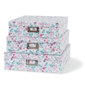soul & lane floral decorative storage boxes with lids - set of 3: pretty archival photo storage boxes, letter and document box, scrapbook storage box, nesting paperboard keepsake memory boxes