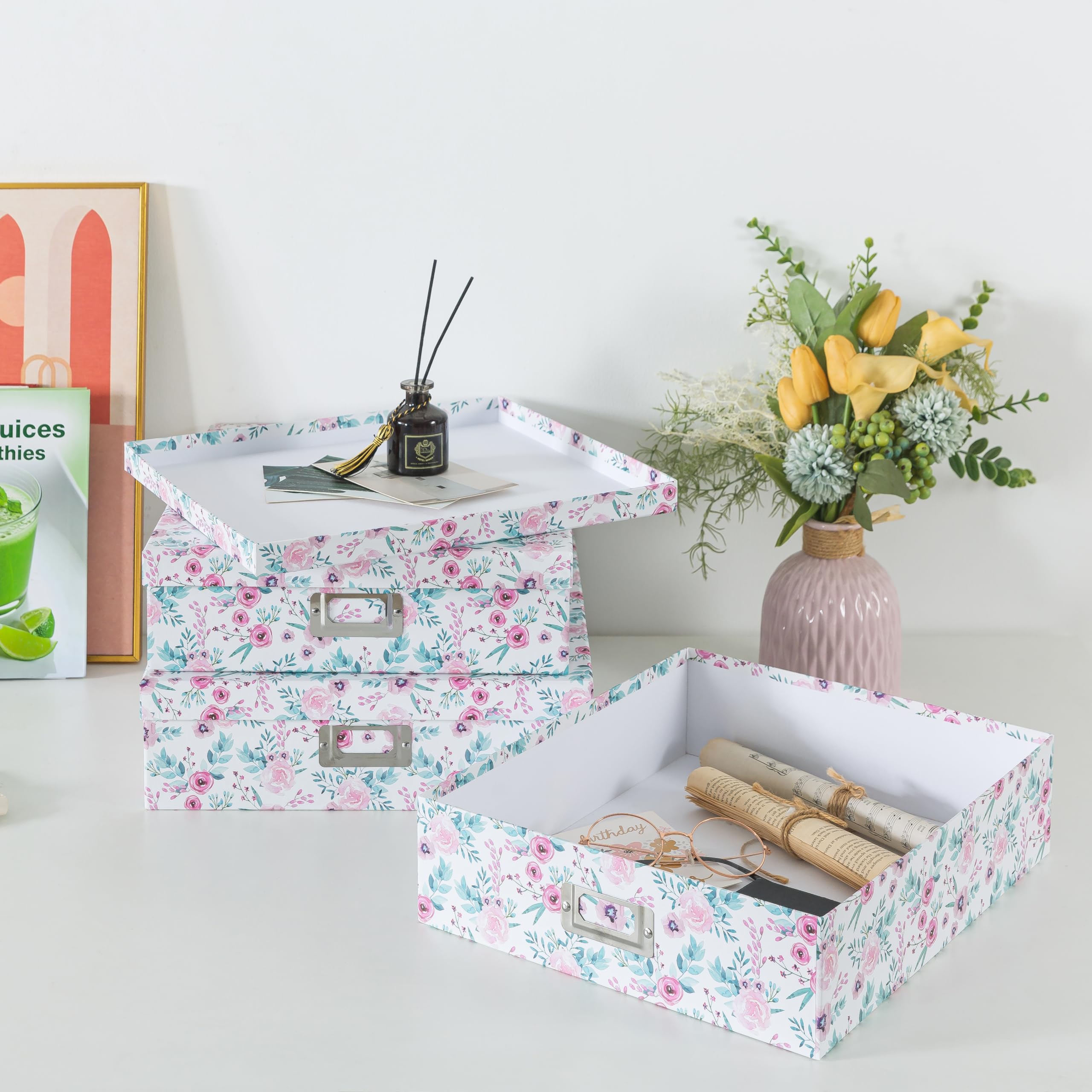 Soul & Lane Floral Decorative Storage Boxes With Lids - Set of 3: Pretty Archival Photo Storage Boxes, Letter and Document Box, Scrapbook Storage Box, Nesting Paperboard Keepsake Memory Boxes