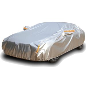 tecoom heavy duty multiple layers car cover all weather waterproof windproof reflective snow sun rain protective outdoor with buckles and belt fit 191-200 inches sedan