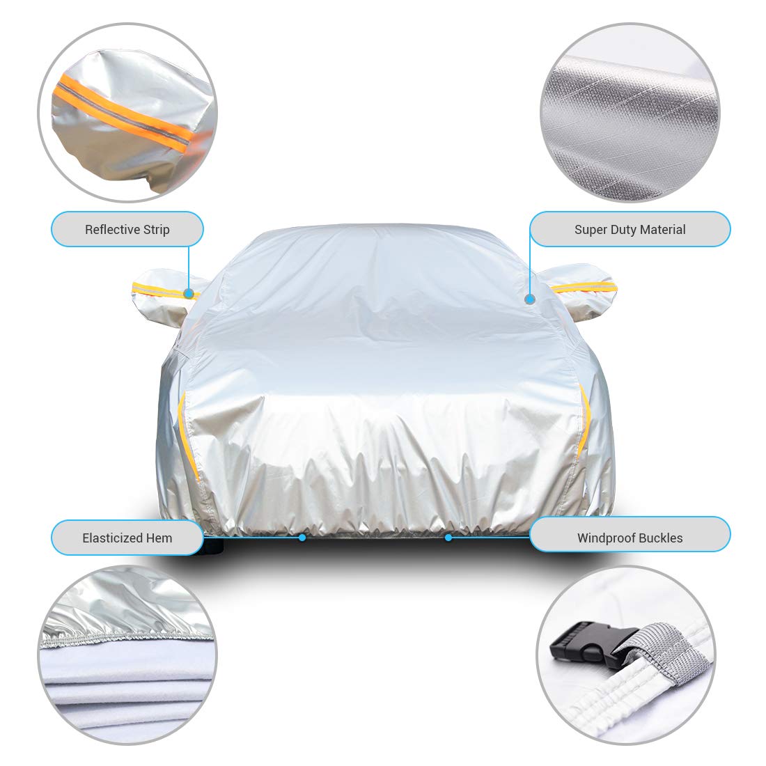 Tecoom Heavy Duty Multiple Layers Car Cover All Weather Waterproof Windproof Reflective Snow Sun Rain Protective Outdoor with Buckles and Belt Fit 191-200 Inches Sedan