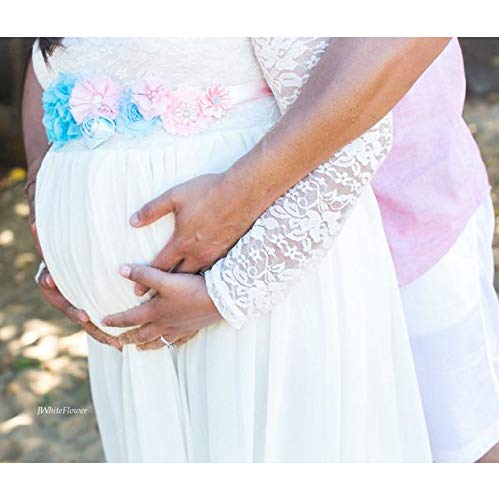 Gender Reveal Maternity Sash - Baby Reveal Pregnancy Sash Keepsake Baby Shower Flower Belly Belt (Pink & Blue)