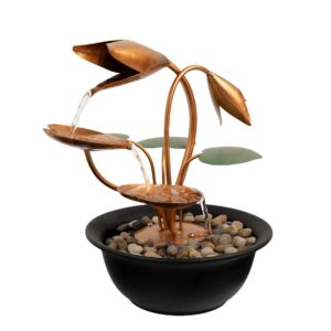 tabletop water fountain-10.5 cascading water over metal flowers and leaves, electric pump, soothing indoor waterfall for home decor by pure garden