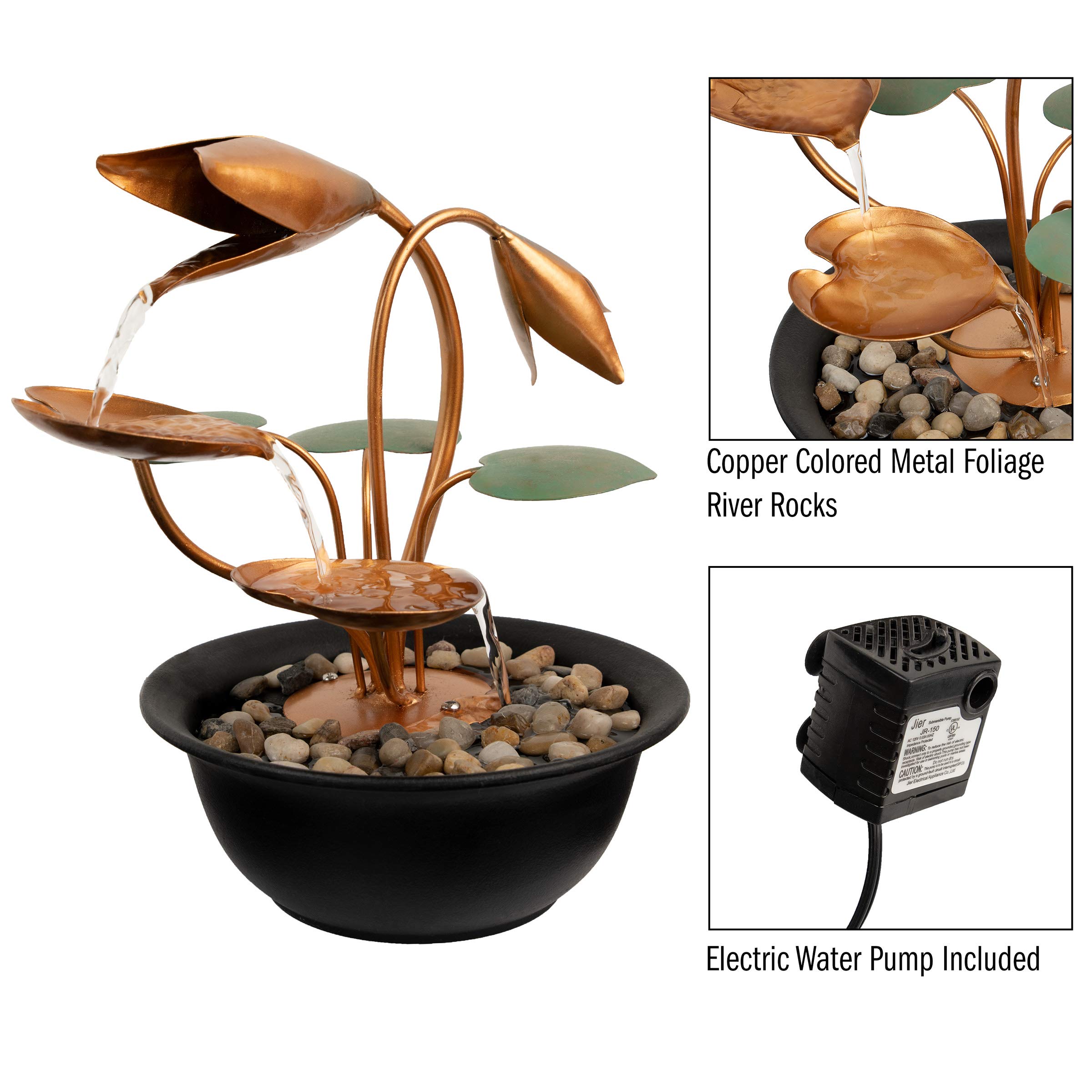 Tabletop Water Fountain-10.5 Cascading Water Over Metal Flowers and Leaves, Electric Pump, Soothing Indoor Waterfall for Home Decor by Pure Garden