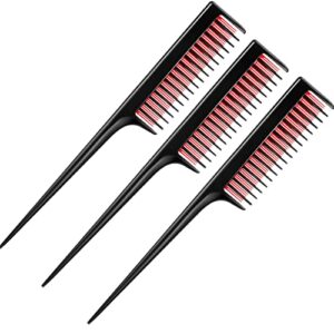 3 piece triple teasing comb, rat tail combs for women, tool structure tease layers rattail comb, rat tail comb for back combing root teasing, adding volume, evening styling (black and red)