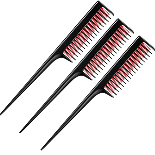 3 Piece Triple Teasing Comb, Rat Tail Combs for Women, Tool Structure Tease Layers Rattail Comb, Rat Tail Comb for Back Combing Root Teasing, Adding Volume, Evening Styling (Black and Red)