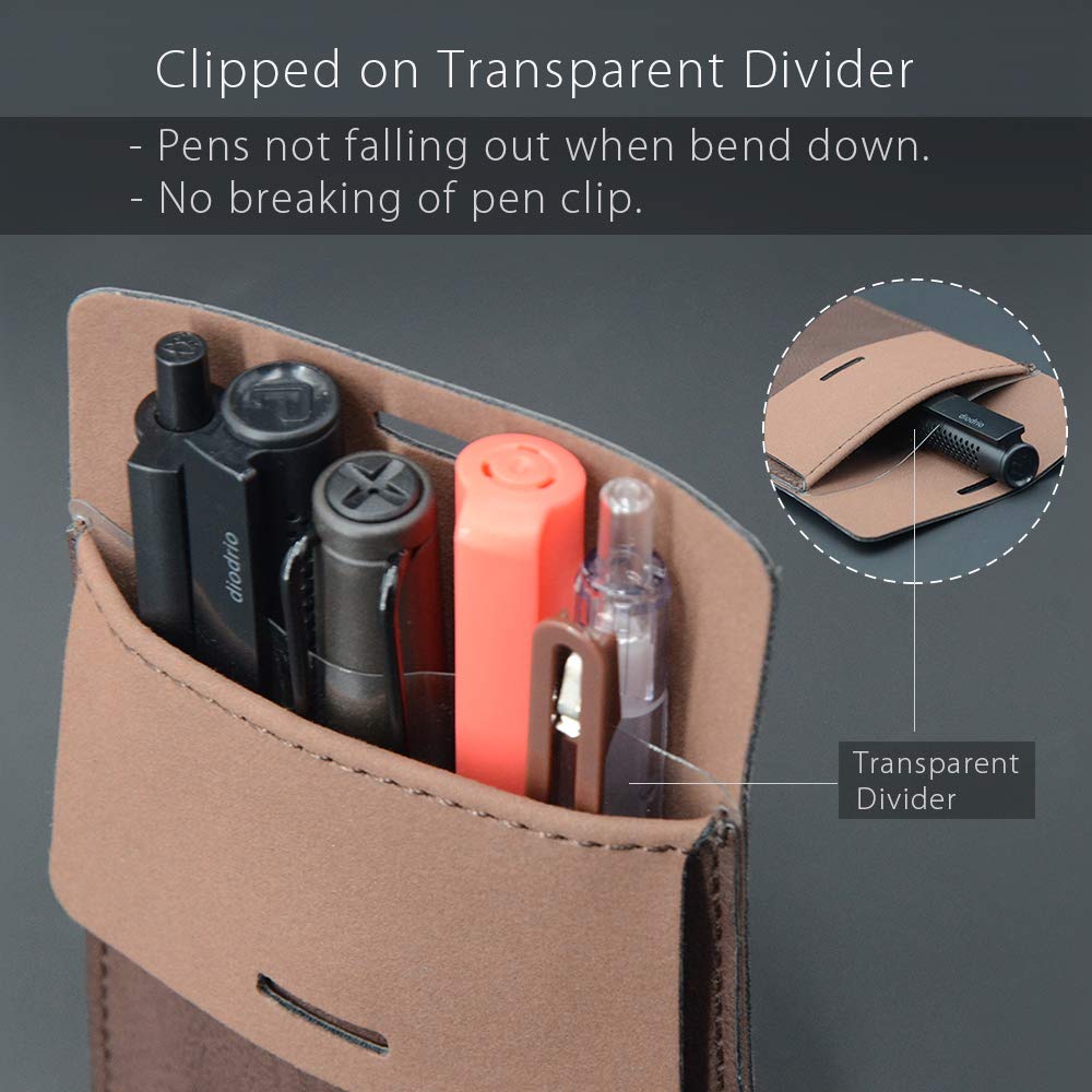 diodrio Pocket Protector, Leather Pen Pouch Holder Organizer, for Shirts Lab Coats, Hold 5 Pens, Designed to Keep Pens Inside When Bend Down. No Breaking of Pen Clip. Thick PU Leather, 2 Per Pack.