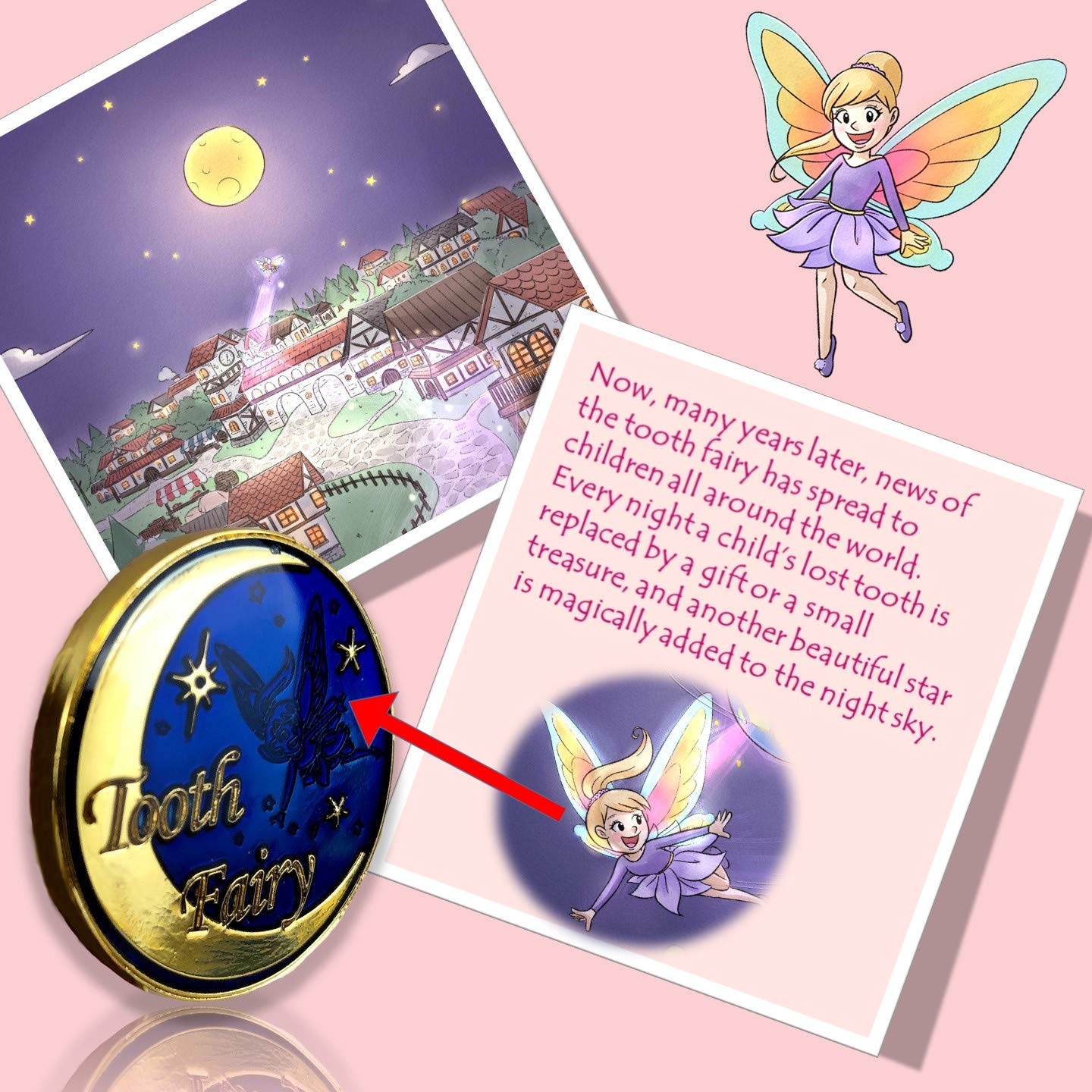 Tooth Fairy Gift Set Keepsake Gold Coin and Tooth Fairy Book for Girls