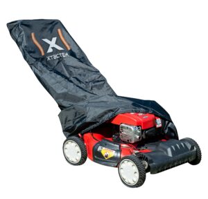 lawn mower cover,heavy duty with extreme waterproof protection. rugged, flexible oxford fabric with eco-friendly pu coating. upgraded protective reflective strip with water proof strip at seam