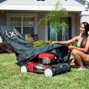 Lawn mower Cover,Heavy Duty with Extreme Waterproof Protection. Rugged, Flexible Oxford Fabric with Eco-Friendly PU Coating. Upgraded Protective Reflective Strip with Water Proof Strip at Seam