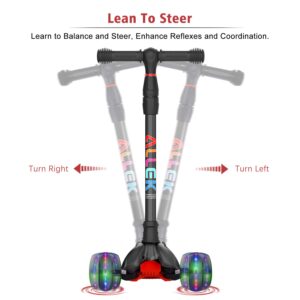 Allek Kick Scooter B02, Lean 'N Glide Scooter with Extra Wide PU Light-Up Wheels and 4 Adjustable Heights for Children from 3-12yrs (Black)