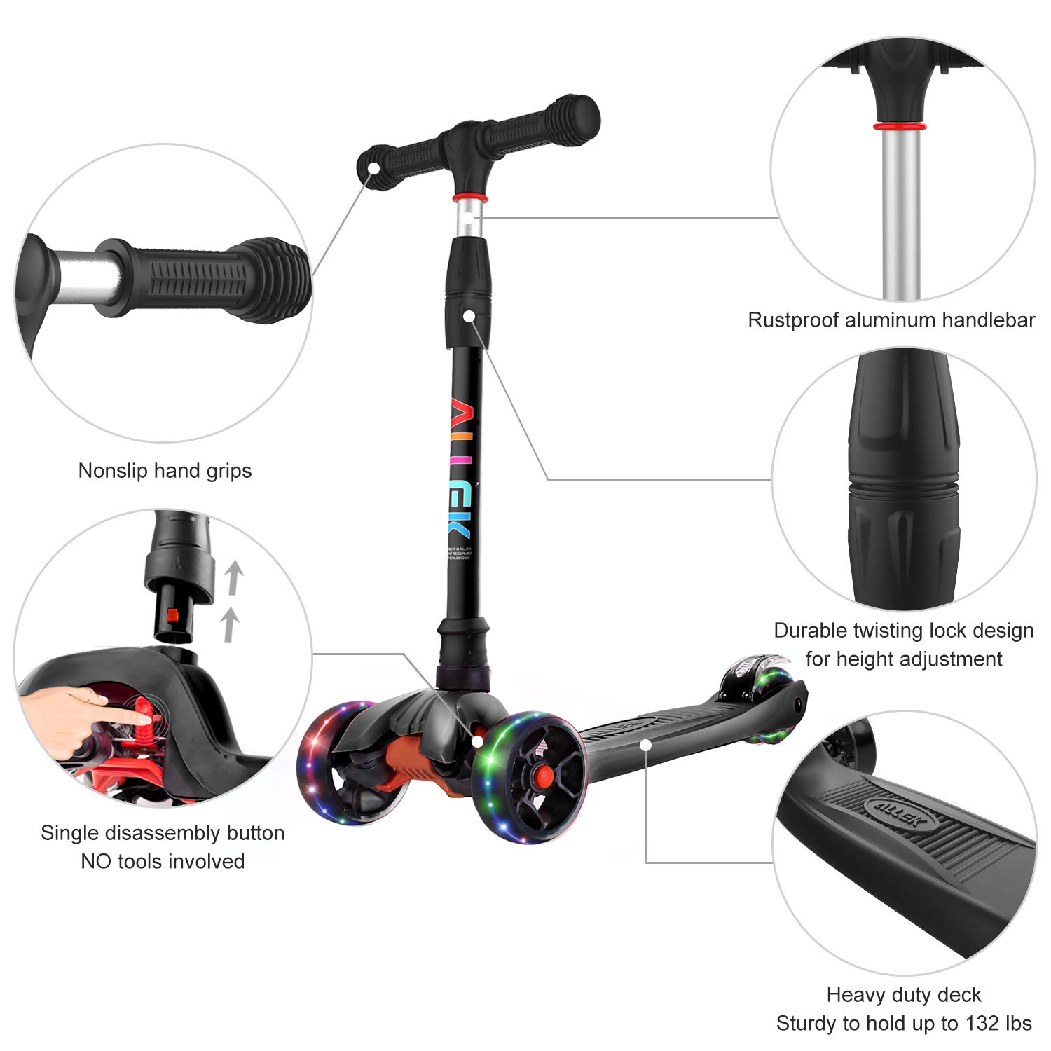 Allek Kick Scooter B02, Lean 'N Glide Scooter with Extra Wide PU Light-Up Wheels and 4 Adjustable Heights for Children from 3-12yrs (Black)