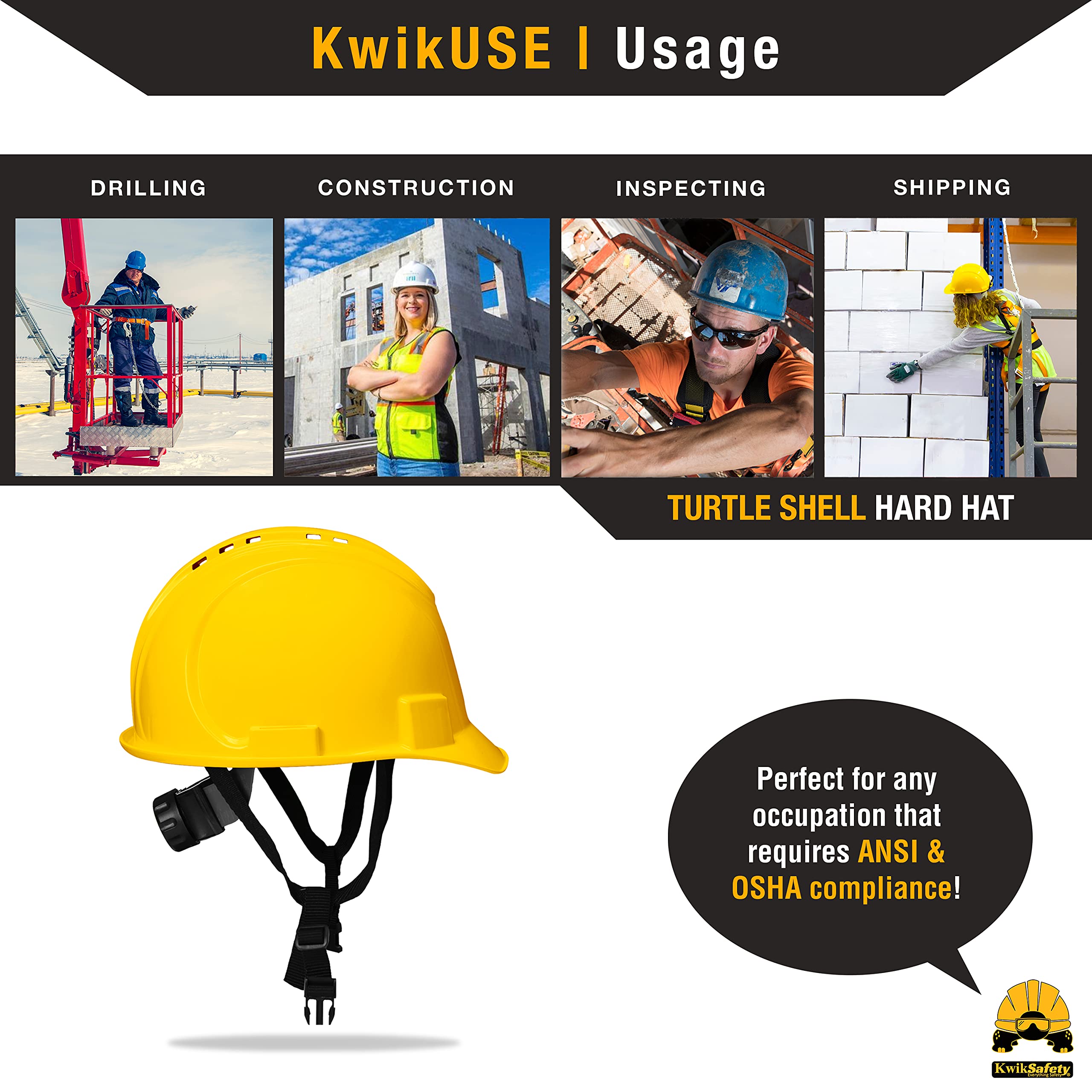 KwikSafety - Charlotte, NC - Turtle Shell Hard Hat Type 1 Class C ANSI OSHA Standard Cap Style (One Size FITS Most) 10 Vents + Free Sweatband & Earplugs Construction Safety Helmet Lightweight/Yellow