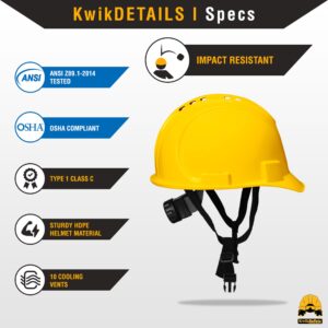 KwikSafety - Charlotte, NC - Turtle Shell Hard Hat Type 1 Class C ANSI OSHA Standard Cap Style (One Size FITS Most) 10 Vents + Free Sweatband & Earplugs Construction Safety Helmet Lightweight/Yellow