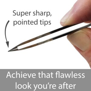 Zizzili Basics Elite Series Pointed Tweezers - Sharp Precision Tips + Surgical Grade Stainless Steel Tweezer for Professional Eyebrow and Facial Hair Removal