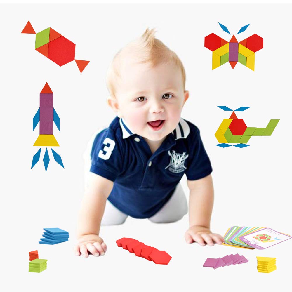 Wooden Pattern Blocks Set 155 Pcs Geometric Shape Puzzle Kindergarten Tangram Brain Teasers Early Educational Montessori for Kids Ages 3-8 with 24 Pcs Design Cards