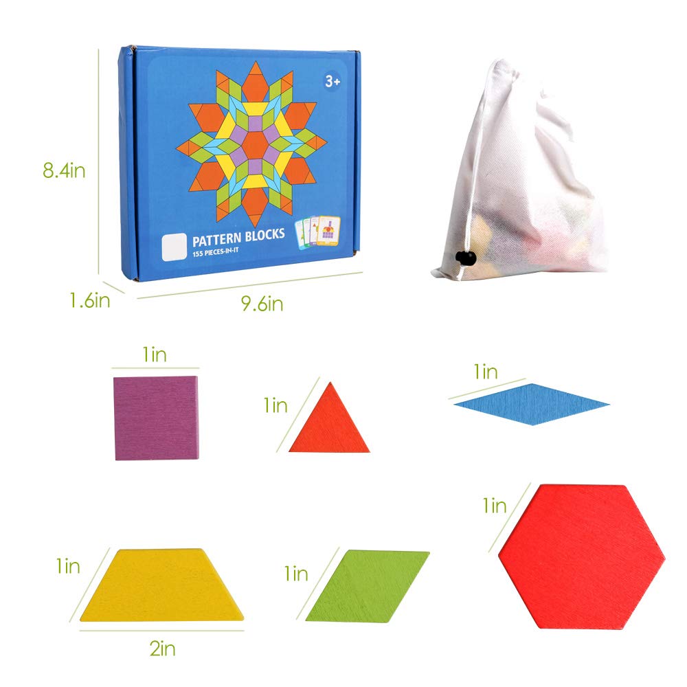 Wooden Pattern Blocks Set 155 Pcs Geometric Shape Puzzle Kindergarten Tangram Brain Teasers Early Educational Montessori for Kids Ages 3-8 with 24 Pcs Design Cards