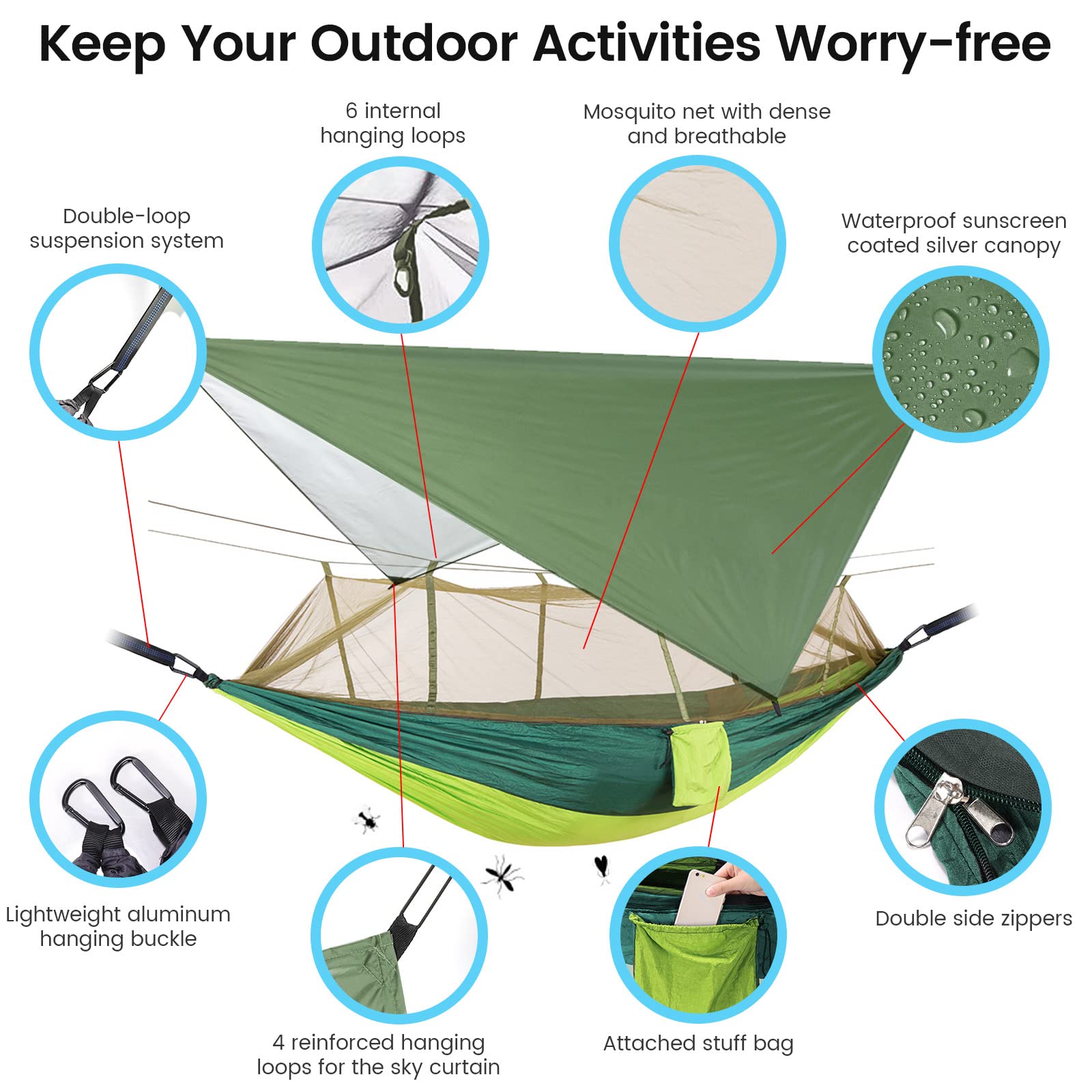 Portable Double Camping Hammock,2 Person Nylon Parachute Hammock with Mos-Quito Net Outdoor Hammocks Tent with Waterproof Rainfly Awning for Outdoors Camping Backpacking Hiking Travel