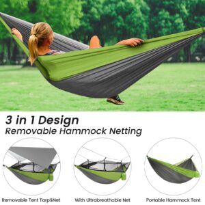 Portable Double Camping Hammock,2 Person Nylon Parachute Hammock with Mos-Quito Net Outdoor Hammocks Tent with Waterproof Rainfly Awning for Outdoors Camping Backpacking Hiking Travel