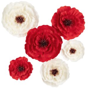 mejoy paper flower decorations for wall, flower wall decor for birthday wedding backdrop baby nursery wall decor baby showers bridal shower (red+white, 6pcs)