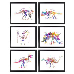 dignovel studios unframed (set of 6) 8x10 t rex stegosaurus triceratops pterodactylus parasaurolophus spinosaurus watercolor dinosaur skeleton nursery decor dnc2