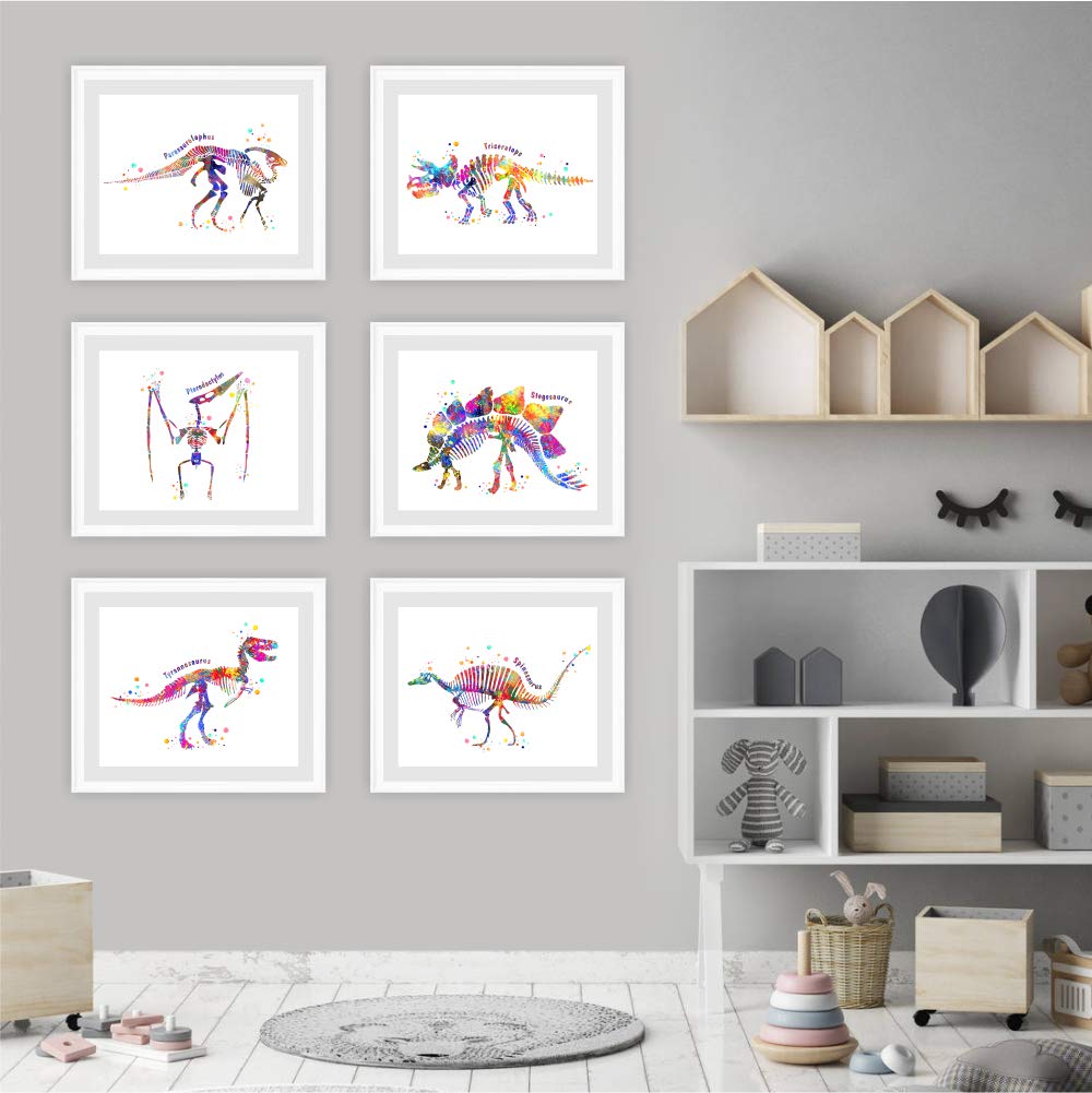 Dignovel Studios Unframed (Set of 6) 8X10 T Rex Stegosaurus Triceratops Pterodactylus Parasaurolophus Spinosaurus Watercolor Dinosaur Skeleton Nursery Decor dnc2