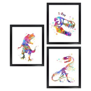 dignovel studios unframed (set of 3) 8x10 t rex watercolor dinosaur ancient animals skeleton archaeology museum nature history wall art prints boy room art print set nursery decor dnc3