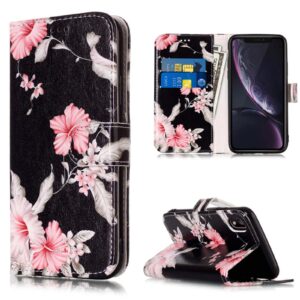 jancalm compatible with iphone xr case, floral pattern premium pu leather for iphone xr wallet case [card/cash slots] stand flip cover protective for iphone xr (black/flower)