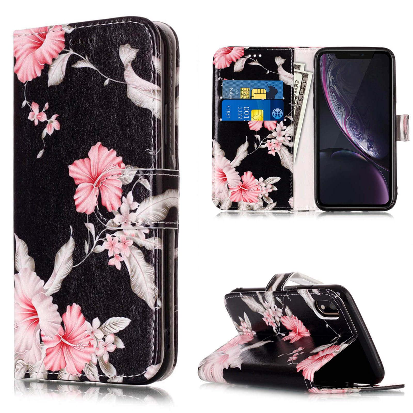 JanCalm Compatible with iPhone XR Case, Floral Pattern Premium PU Leather for iPhone XR Wallet Case [Card/Cash Slots] Stand Flip Cover Protective for iPhone XR (Black/Flower)