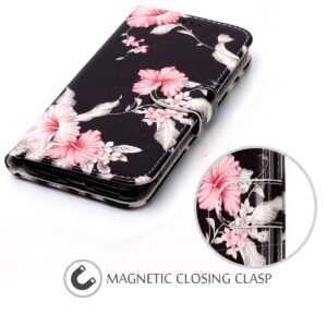 JanCalm Compatible with iPhone XR Case, Floral Pattern Premium PU Leather for iPhone XR Wallet Case [Card/Cash Slots] Stand Flip Cover Protective for iPhone XR (Black/Flower)